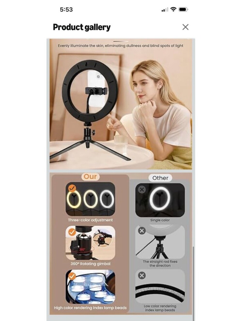 10inch Ring Light Colors 3 Different Brightness Color Settings- Black